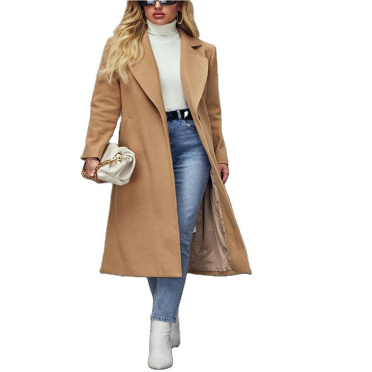 Women Maxilength Wool Blend Classic Coat with Minimalist Waist and Hidden Button Placket