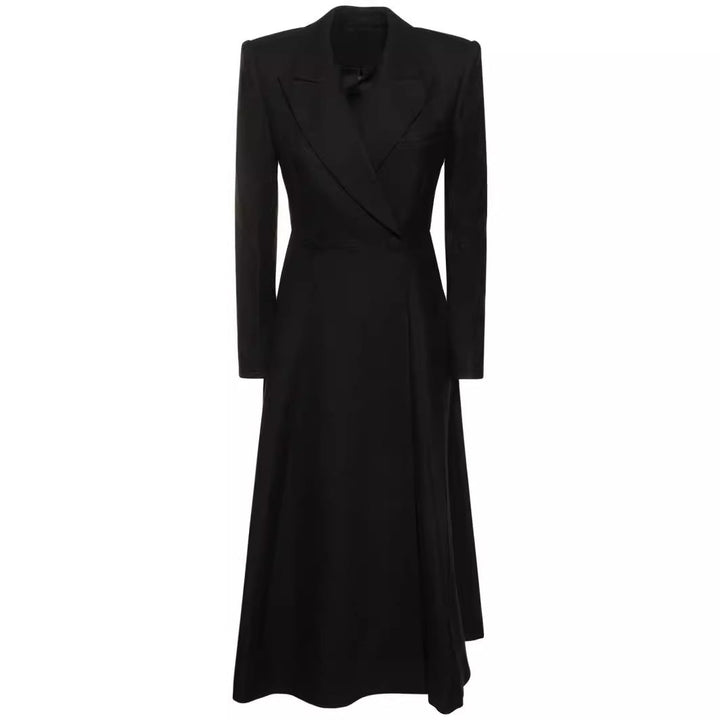 Ladies longer tailored blazer coat with maxi length and structured shoulders