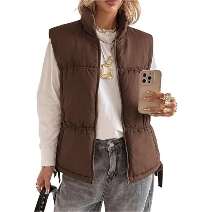 Women’s Padded Sleeveless Vest with Stand-Up Collar and Drawstring
