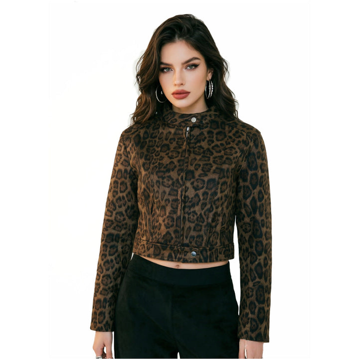 Women Short Tailored Suede Look Jacket with Stand-Up Collar