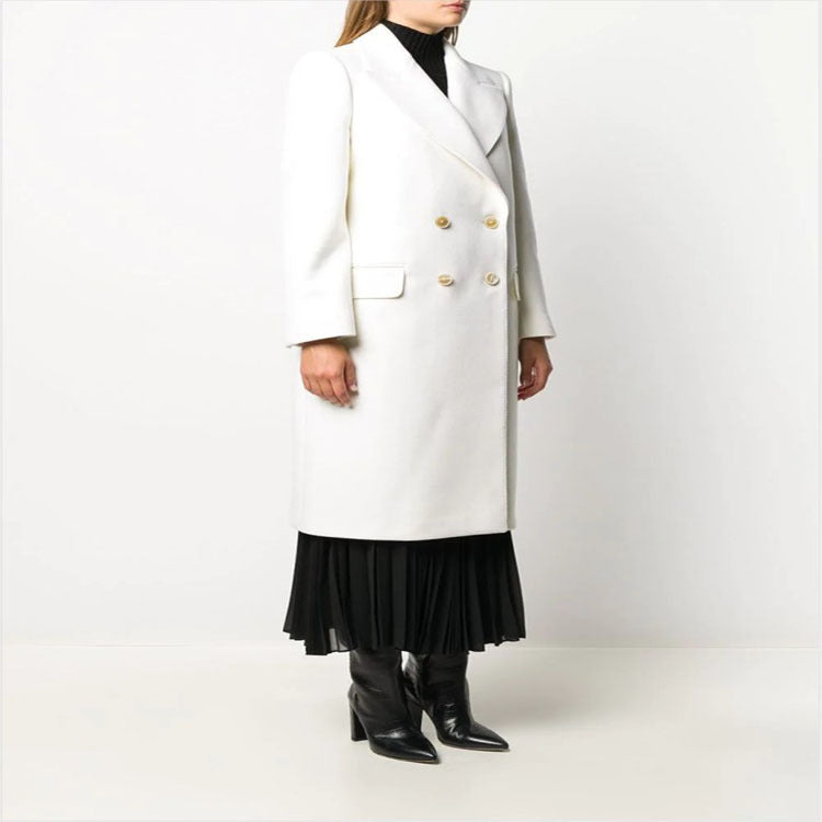 Women Slim Double-Breasted Wool Blend Long Coat with Shawl Collar, Gold Button Detail and Flap Pockets
