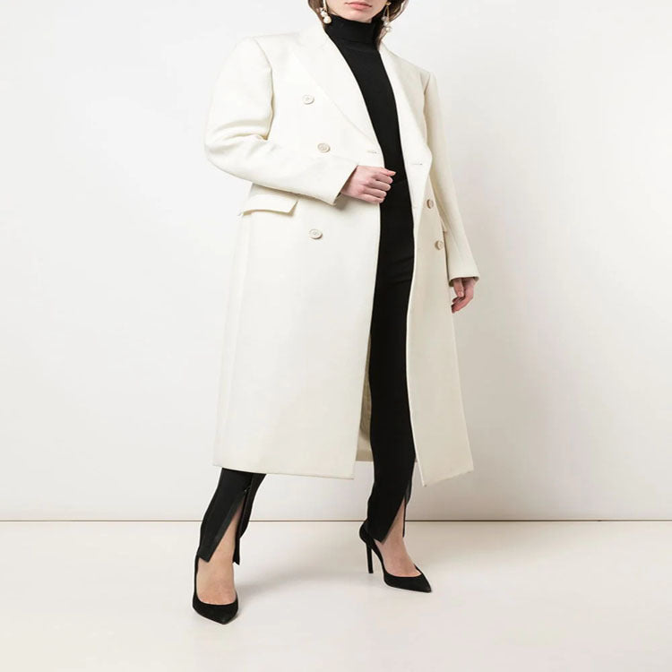 Women Slim fit double-breasted wool blend long coat with distinctive shoulder
