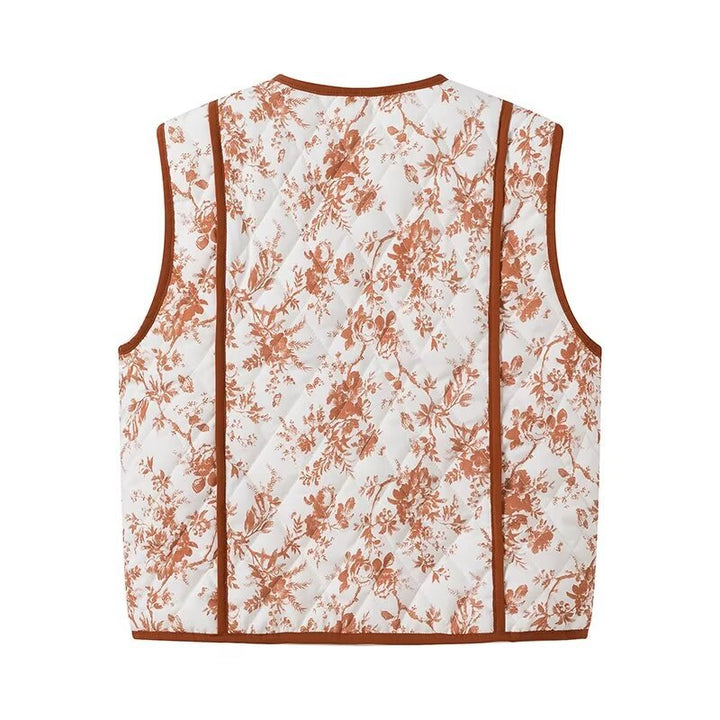 Ladies Quilted Gilet in Country House Style with Floral Toile Look and Pockets