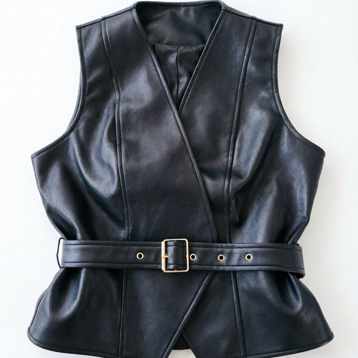 Ladies leather vest with shaping belt