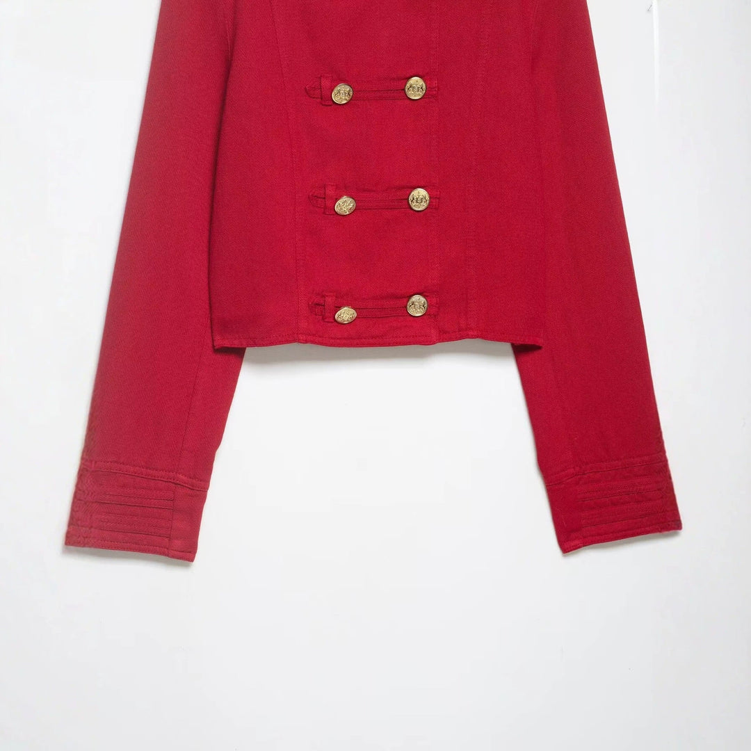 Women Cropped Military Jacket in Sailor Style with Golden Decorative Straps and Stand-Up Collar