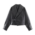 Women Short Oversized Faux Leather Jacket with Wide Shawl Collar and Belt
