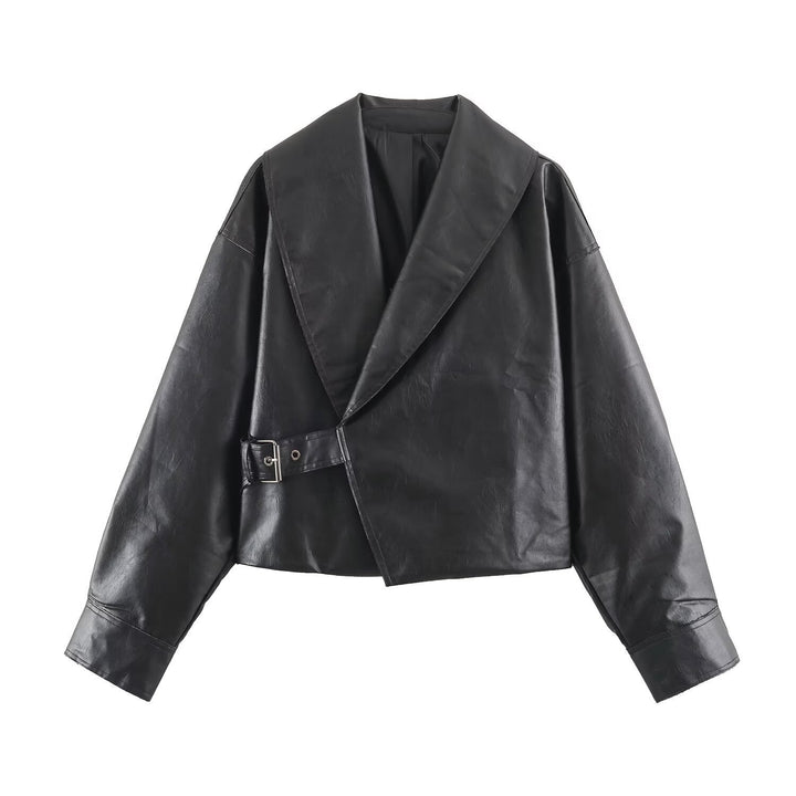 Women Short Oversized Faux Leather Jacket with Wide Shawl Collar and Belt