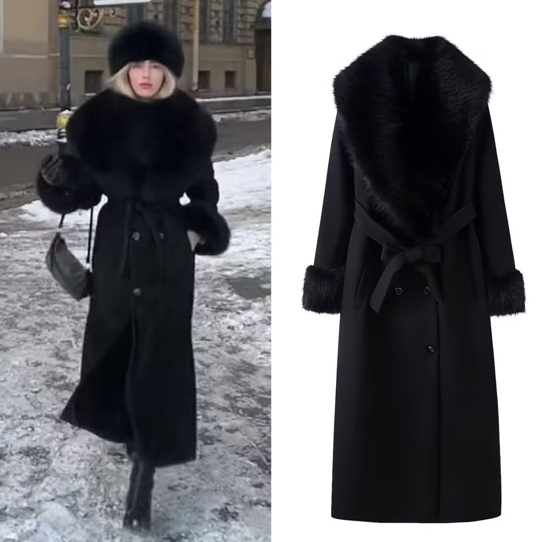 Women Elegant Wool Coat with Large Faux Fur Collar and Tie Belt