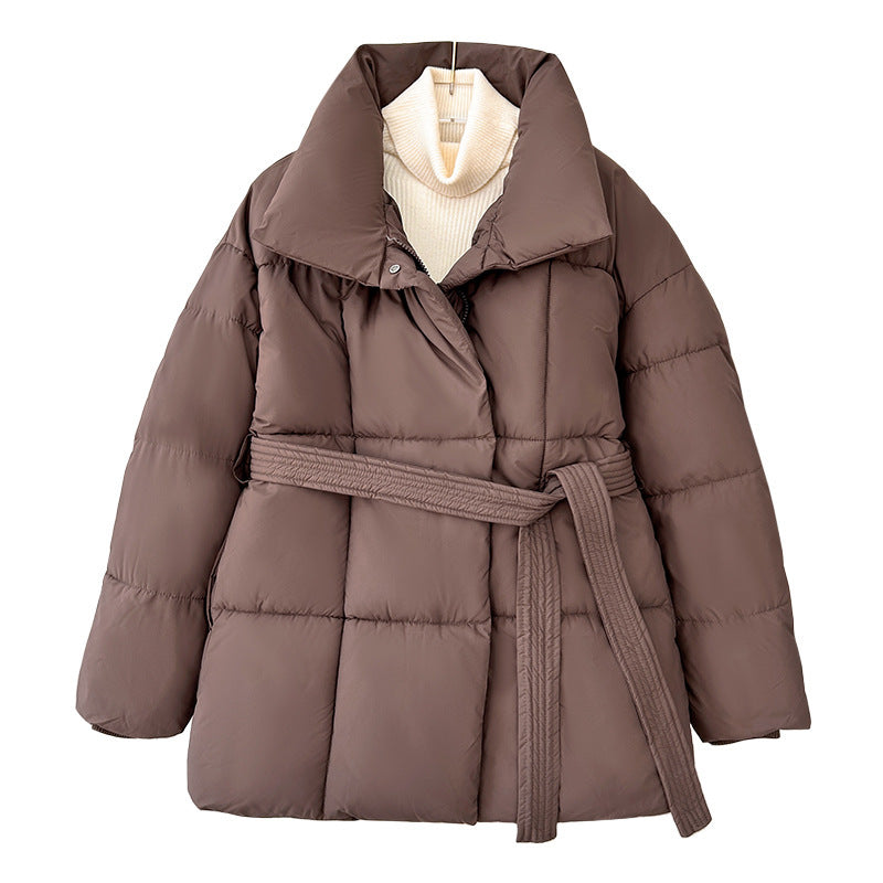 Women nan tailored padded jacket with wide stand-up collar, quilted tie belt and ribbed cuffs