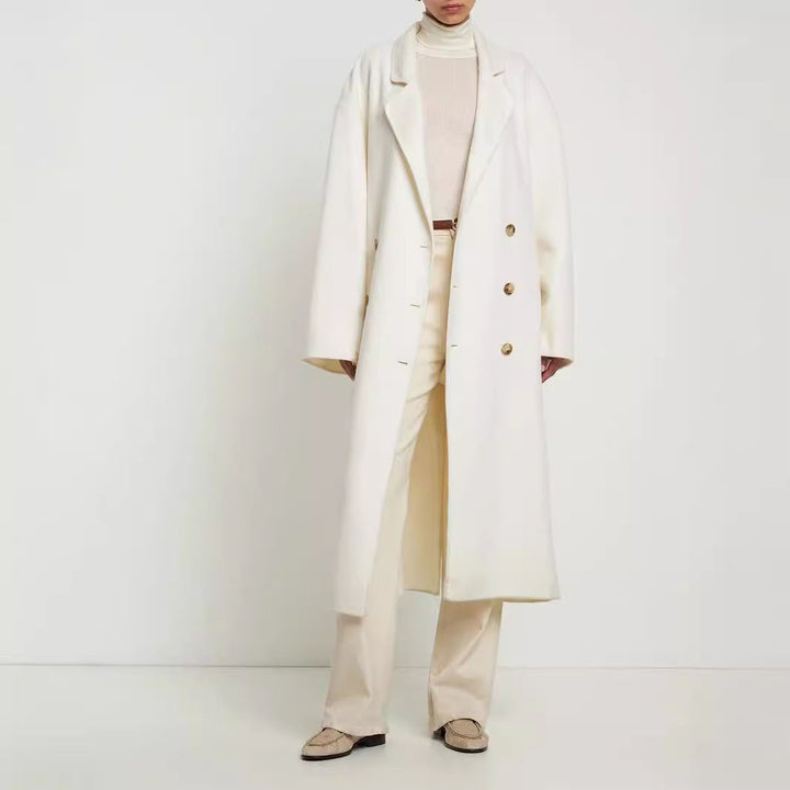 Women Oversize Double-breasted Long Coat with Dropped Shoulder Silhouette and Gold Decorative Buttons