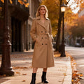 Women Long Double-breasted Trench Coat with Belt and Shoulder Straps