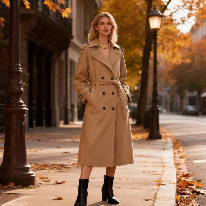 Women Long Double-breasted Trench Coat with Belt and Shoulder Straps