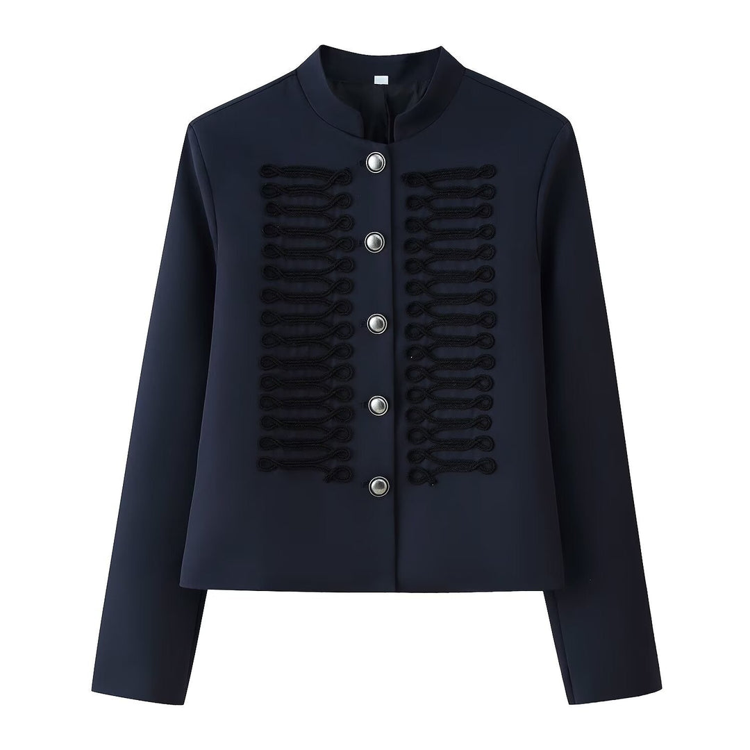 Women’s short military-style jacket with stand-up collar, decorative cord trimming, and decorative buttons