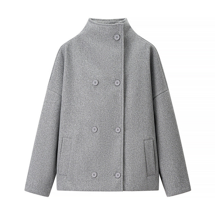 Ladies short double-breasted oversized boxy jacket with stand-up collar and side pockets