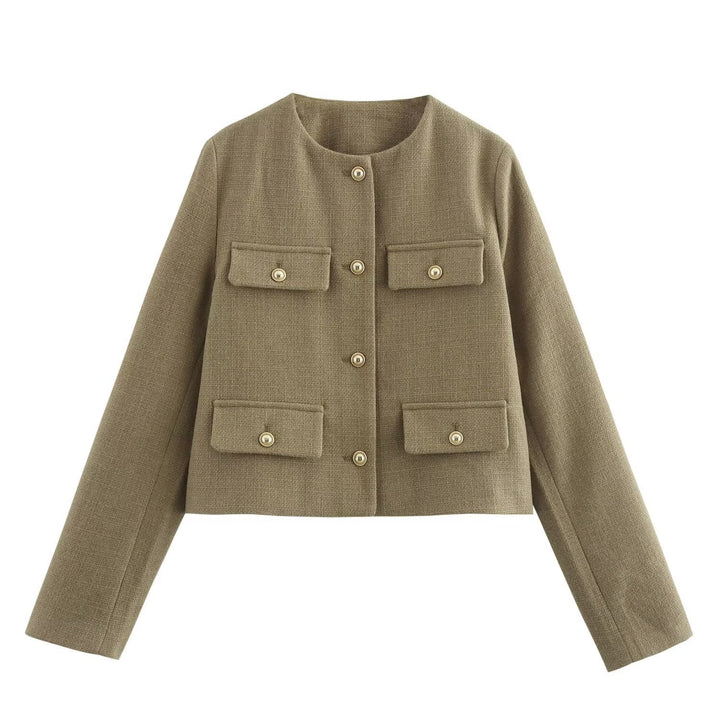 Women Short Boucle Blazer Jacket with Round Neck, Decorative Pocket Flaps, and Gold-colored Buttons