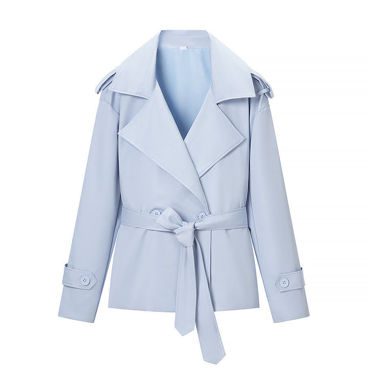 Women Tailored Short Trench Coat with Tie Belt and Epaulettes
