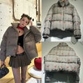 Women's short-cut quilted down-look jacket with stand-up collar and cherry embroidery