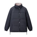 Women's padded quilted jacket with stand-up collar, raglan sleeves, and adjustable hem