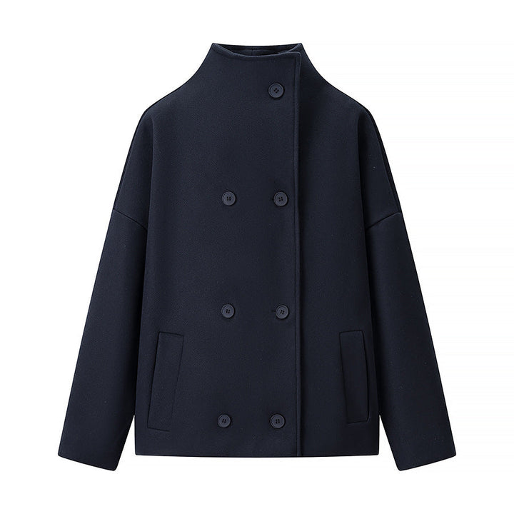 Ladies short double-breasted oversized boxy jacket with stand-up collar and side pockets