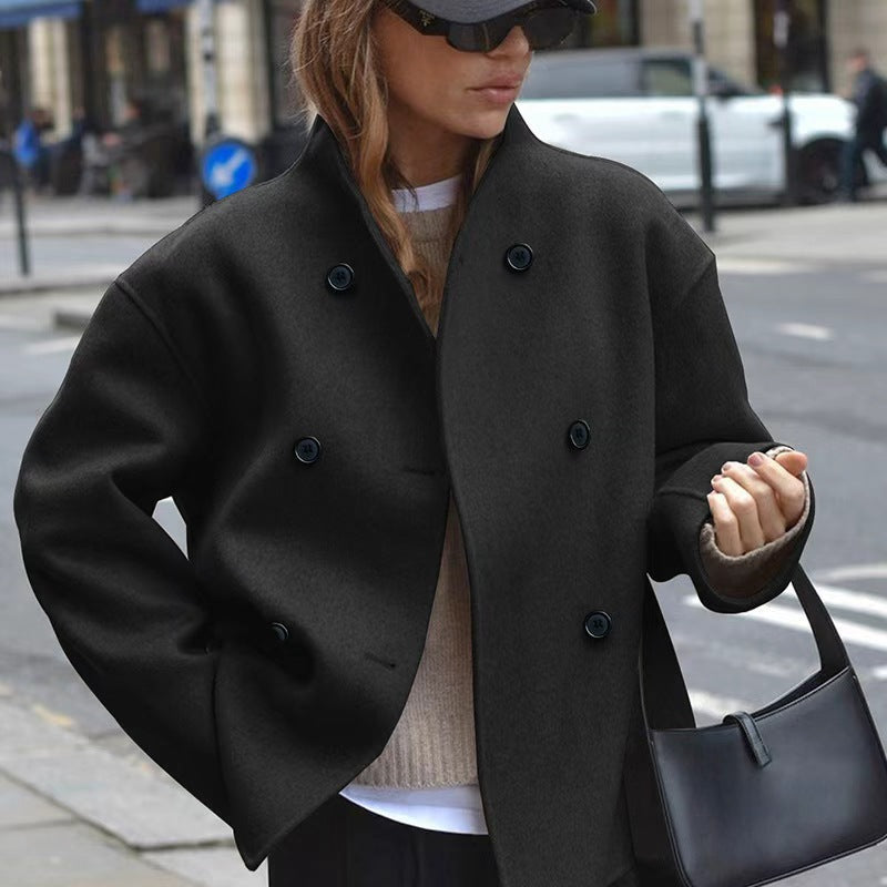 Women Cropped Boucle Boxy Jacket in Double-Breasted with Drop Shoulder