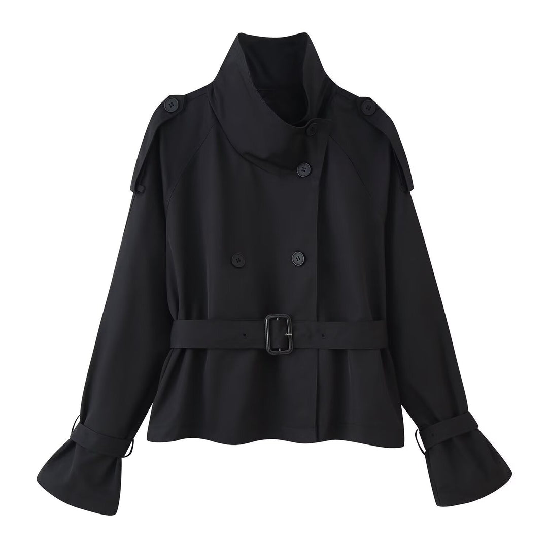 Ladies short cut double-breasted trench coat with wide shawl collar, tailored belt and adjustable sleeve straps