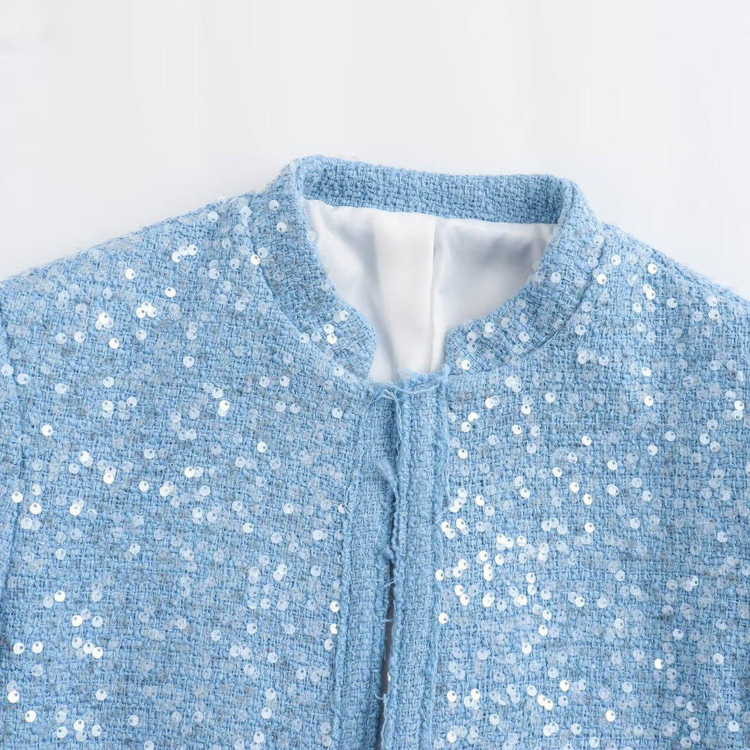Women Short Cropped Boucle Tweed Jacket with Sequin Trim and Flap Pockets