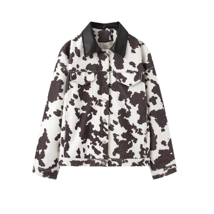 Women’s teddy trucker jacket with cow spot pattern and faux leather collar