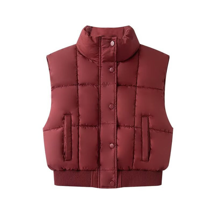 Women Quilted Cropped Puffer Vest with Stand Collar and Ribbed Hem