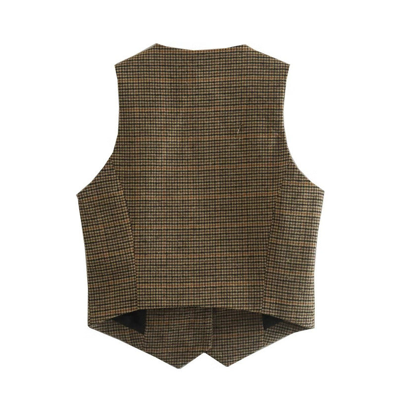 Women Tailored Houndstooth Vest with V-Neck, Button-Free Closure and Welt Pockets