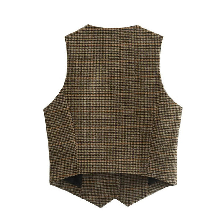 Women Tailored Houndstooth Vest with V-Neck, Button-Free Closure and Welt Pockets