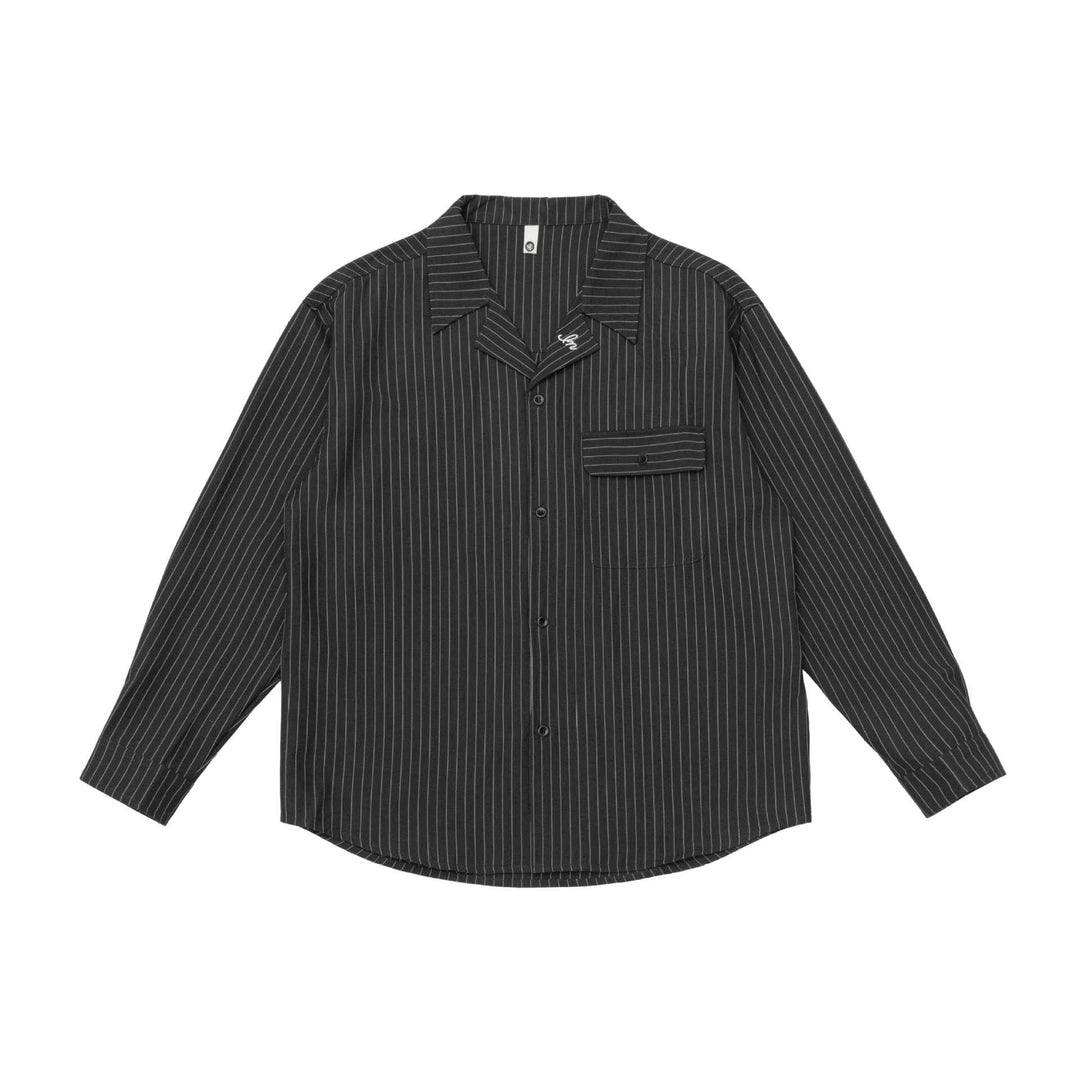 Unisex Striped Shirt Jacket with Notch Collar and Flap Pocket