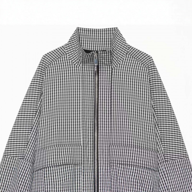 Women Cropped Boxy Jacket in Vichy Check with Stand Collar and Two-Way Zip