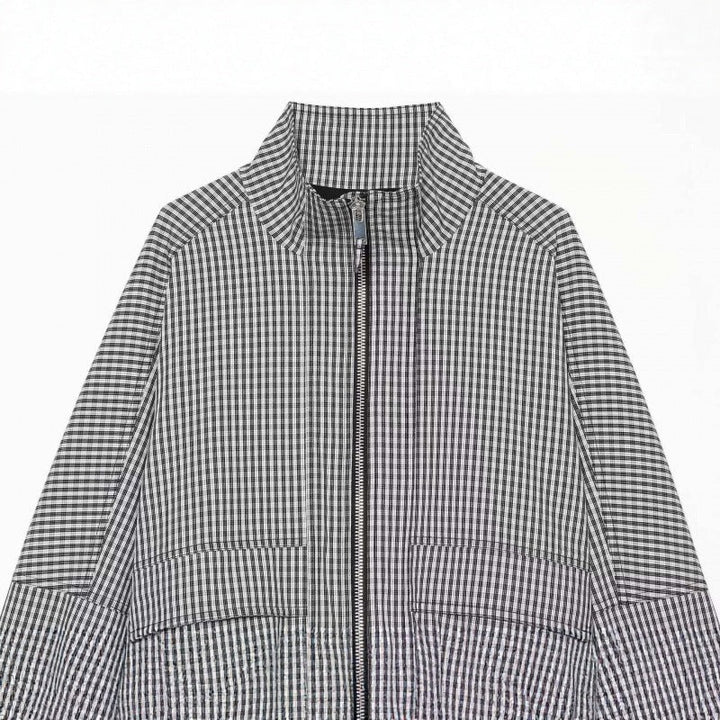 Women Cropped Boxy Jacket in Vichy Check with Stand Collar and Two-Way Zip