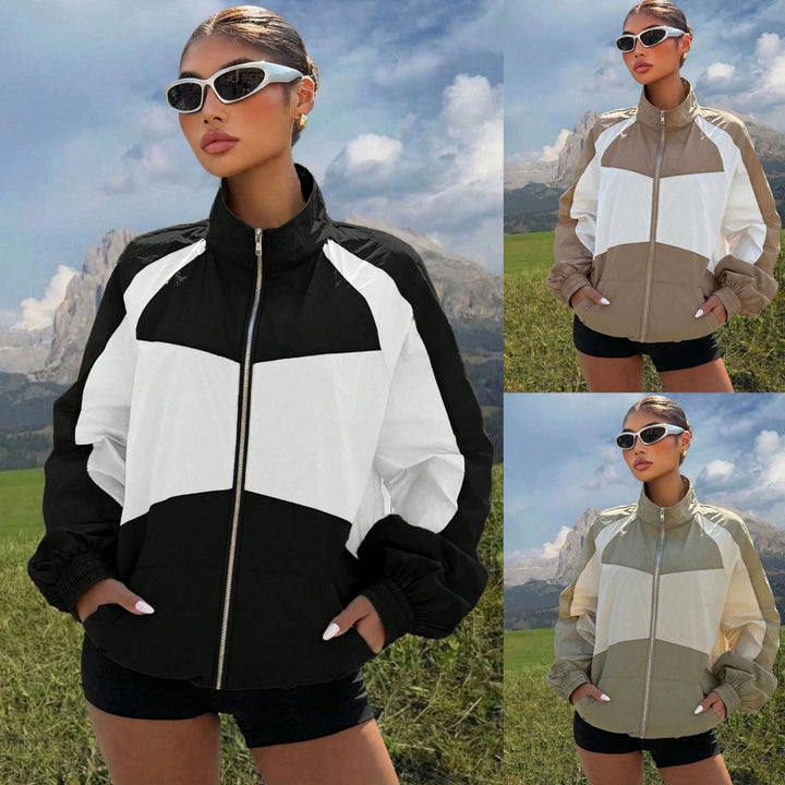 Women Lightweight color Block Windbreaker with Stand-Up Collar and Zip Closure