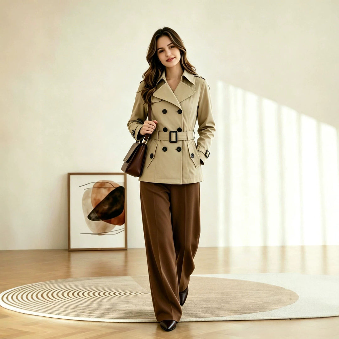 Women Short Tailored Double-breasted Trench Coat with Distinctive Belt Buckle