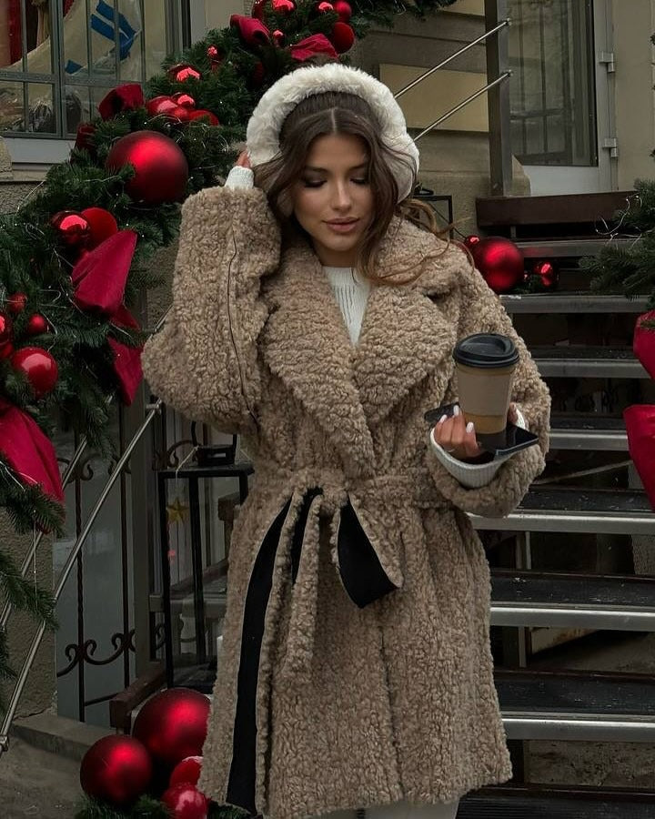 Women Short Oversized Winter Coat with Teddy Lining and Waist Belt