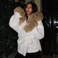 Women's Short Teddy Faux Fur Coat with Hood, Quilted Lining and Ties