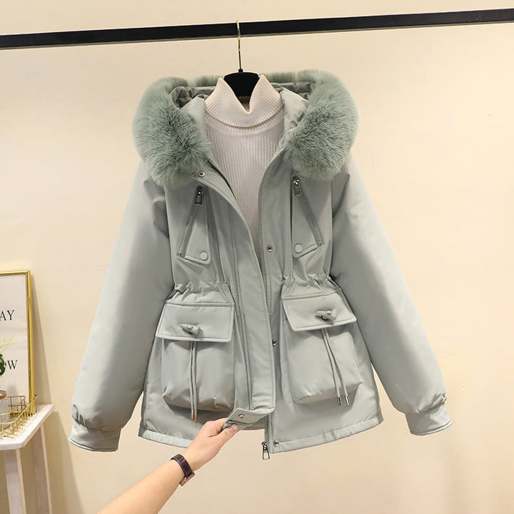 Ladies nano thermo parka with hood, voluminous faux fur collar, drawstring waist and multifunctional pockets