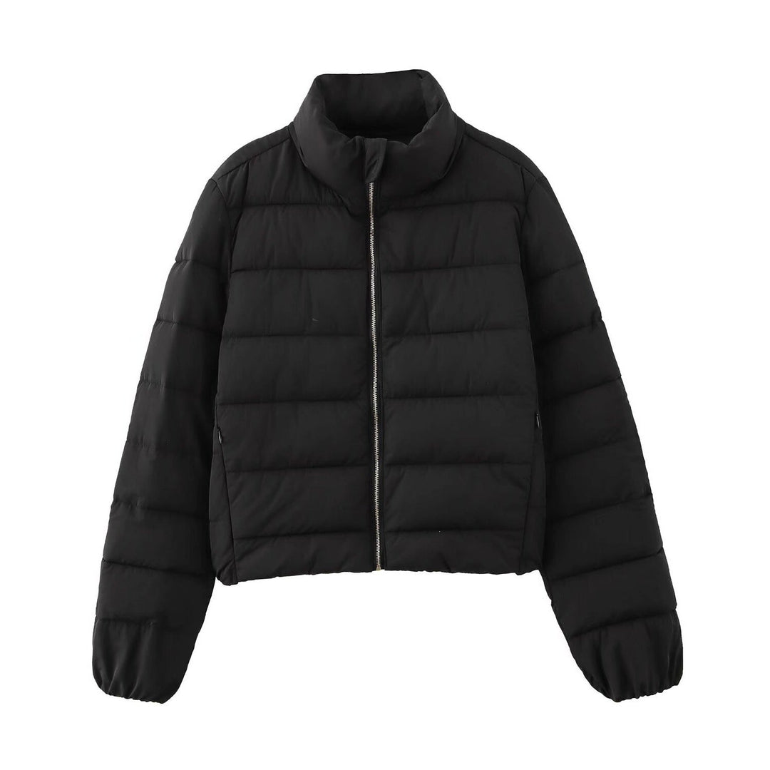 Ladies short quilted down look quilted jacket with stand-up collar and elastic cuffs