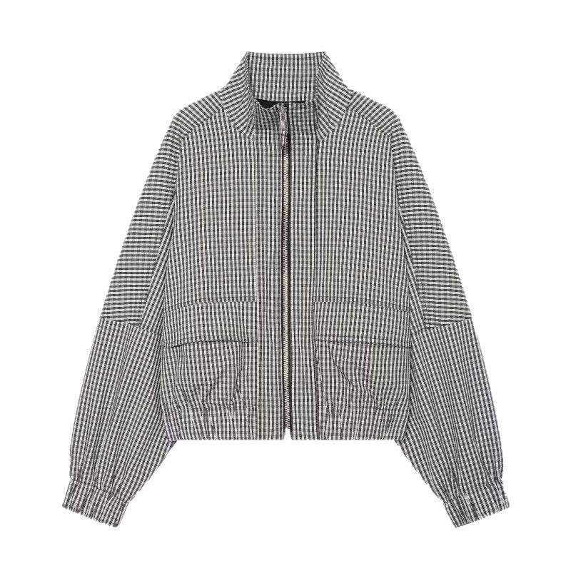 Women Cropped Boxy Jacket in Vichy Check with Stand Collar and Two-Way Zip
