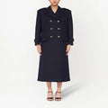 Women Double-breasted military-inspired Maxi Wool Coat with Epaulets and Decorative Straps