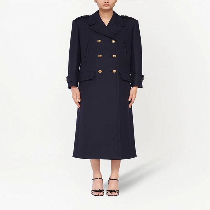 Women Double-breasted military-inspired Maxi Wool Coat with Epaulets and Decorative Straps