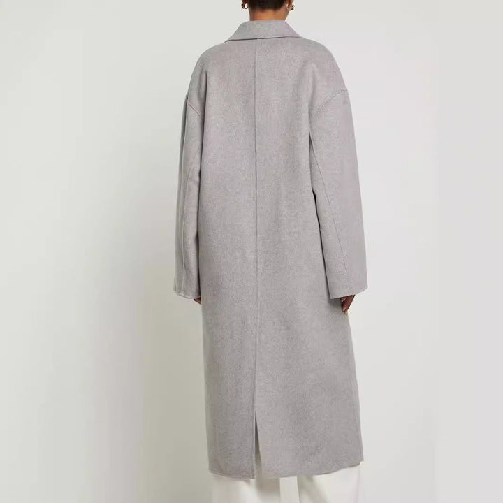 Women Oversize Double-breasted Long Coat with Dropped Shoulder Silhouette and Gold Decorative Buttons