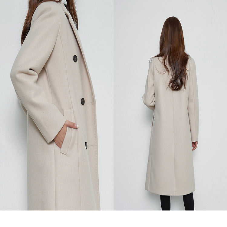 Women Long Cut Wool Blend Coat in Minimalist Double-Breasted with Deep Lapel