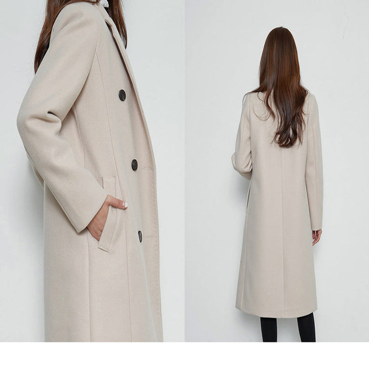 Women Long Cut Wool Blend Coat in Minimalist Double-Breasted with Deep Lapel