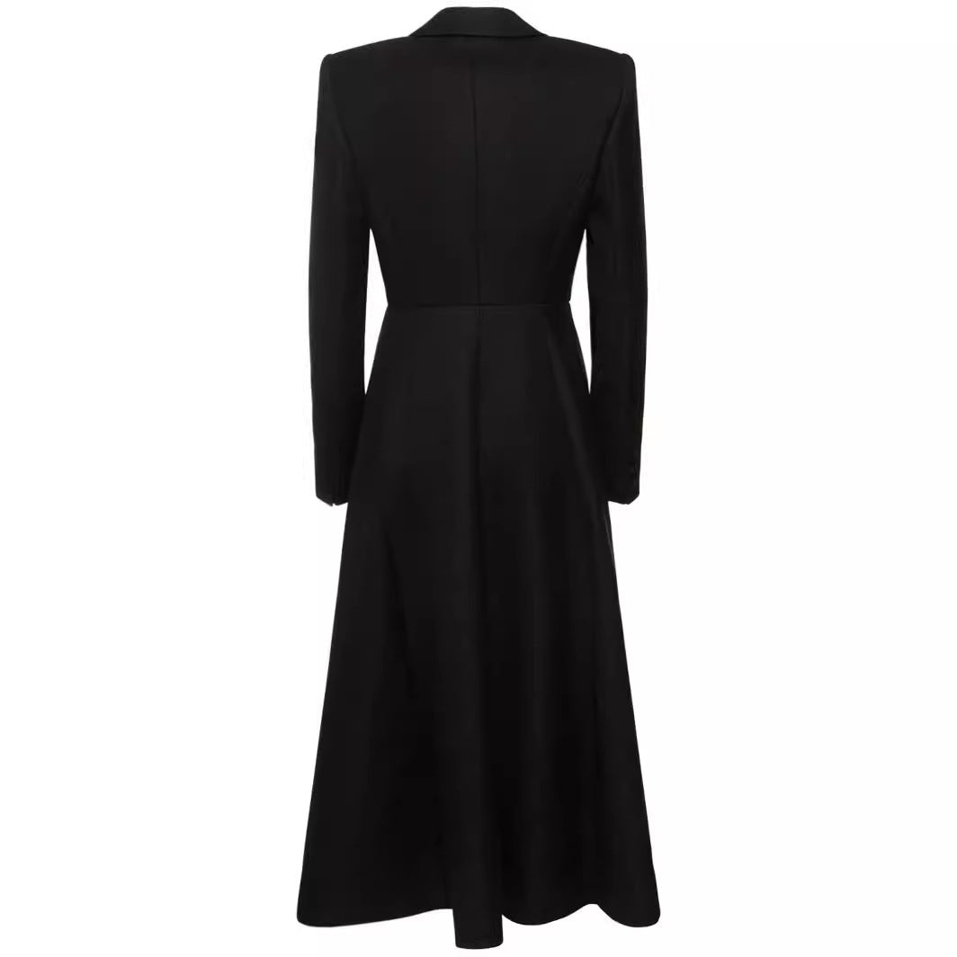 Ladies longer tailored blazer coat with maxi length and structured shoulders