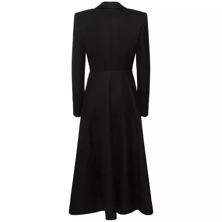 Ladies longer tailored blazer coat with maxi length and structured shoulders