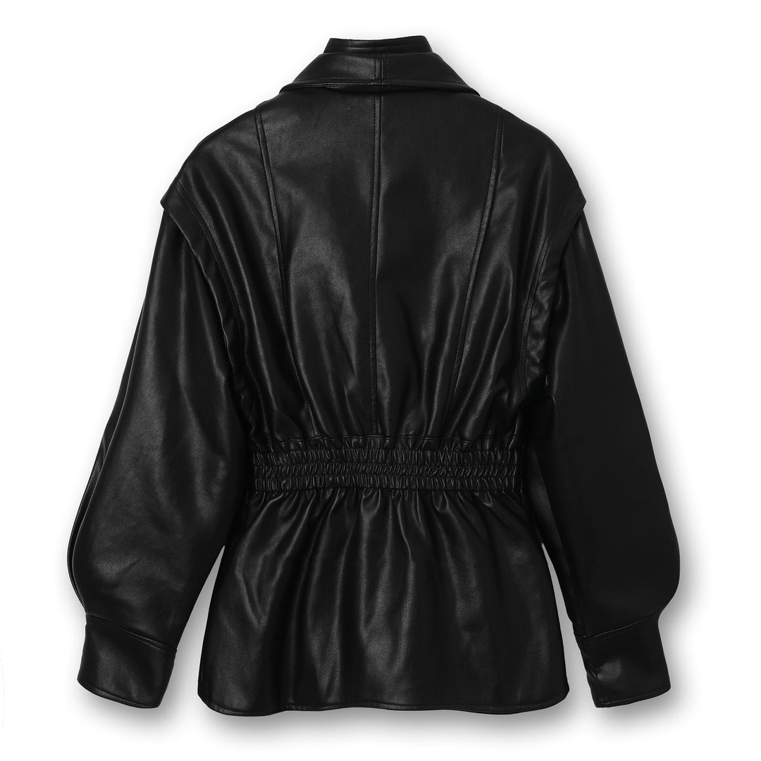 Women leather jacket with wide shawl collar, gathered waist area and balloon sleeves