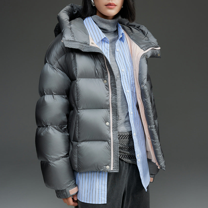 Ladies Short Boxy Quilted Jacket with Oversized Sleeves, High Thermal Collar and Hood