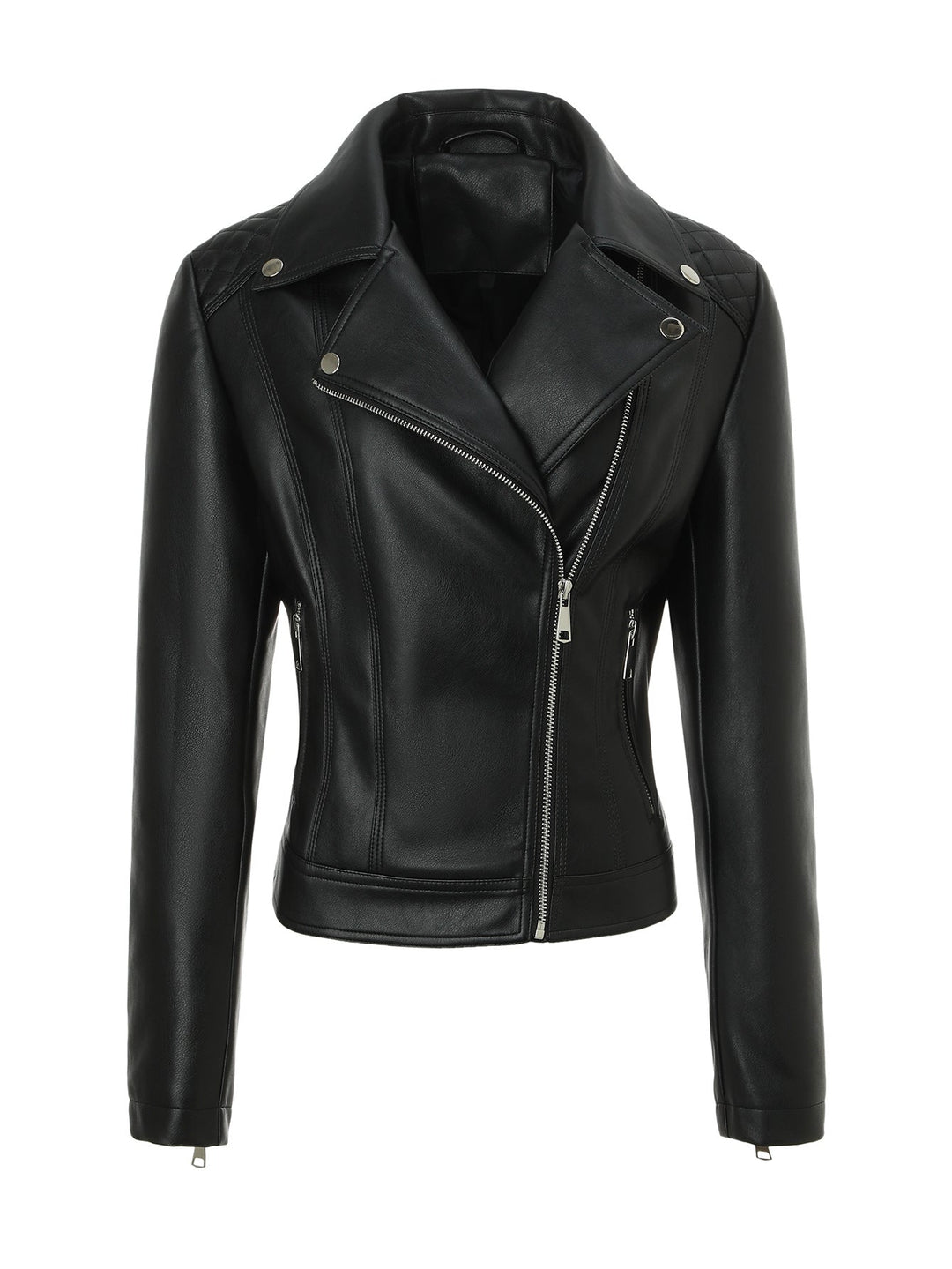 Women Tailored Leather Biker Jacket with Asymmetrical Zip
